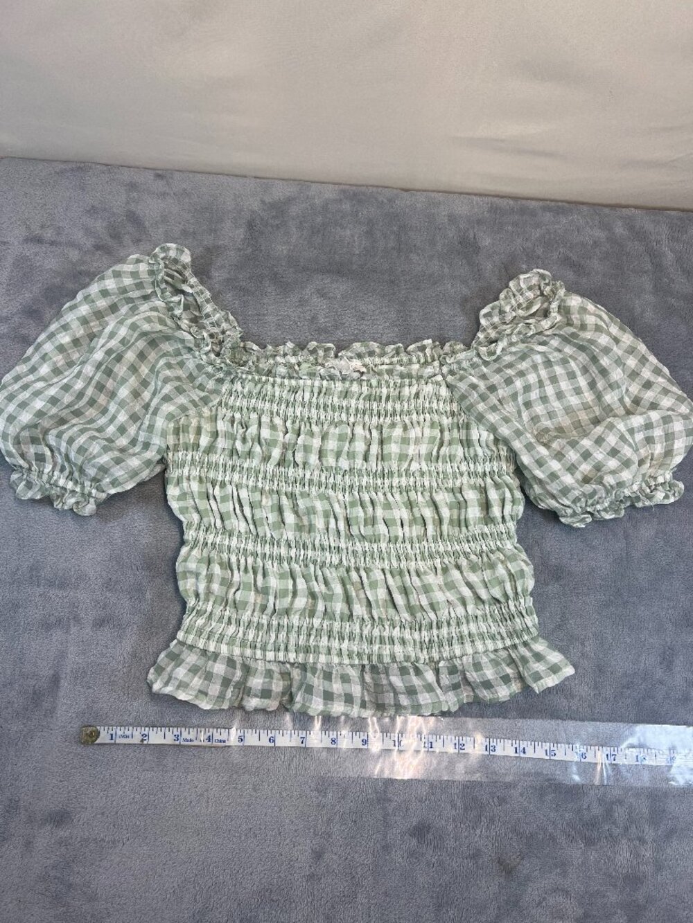 cottagecore smocked off shoulder puff sleeve gingham shirred fairy crop top sz M